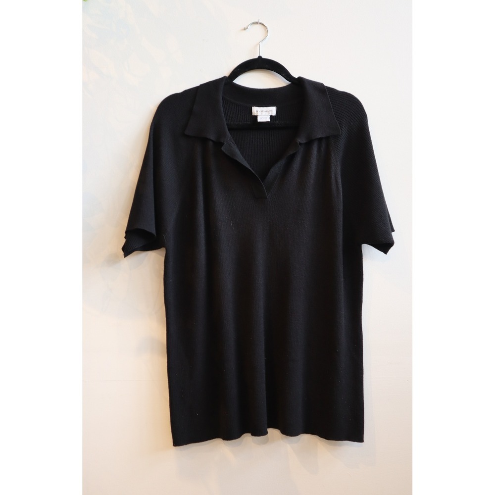 Avenue Black Ribbed Knit Polo Sweater Short Sleeve V-Neck Plus Size 22/24